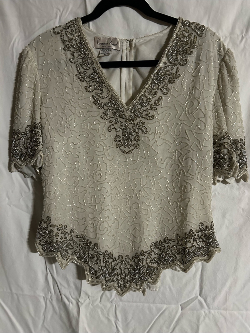 Vintage Laurence Kazar Ivory Silver Beaded Sequin Statement Top